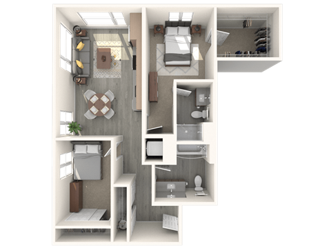Floor plan for 2 beds, 2 baths, 901 sqft